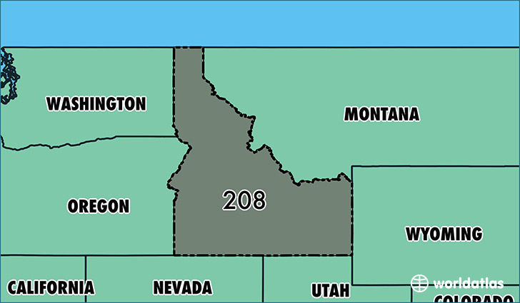 Map of Idaho with area code 208 highlighted