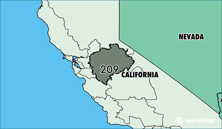 Map of California with area code 209 highlighted