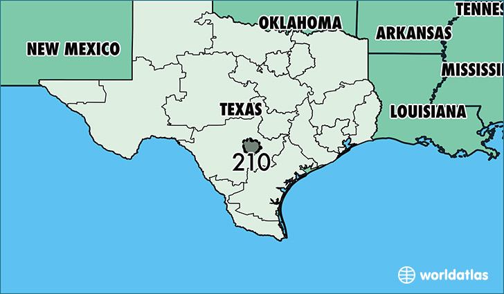 Map of Texas with area code 210 highlighted