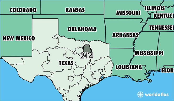 Map of Texas with area code 214 highlighted