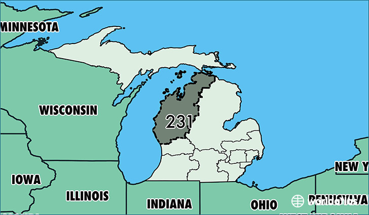 Map of Michigan with area code 231 highlighted