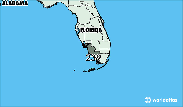 Map of Florida with area code 239 highlighted