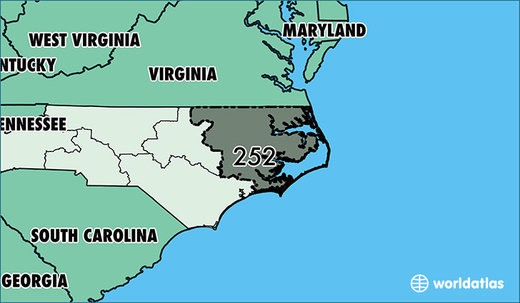 Map of North Carolina with area code 252 highlighted