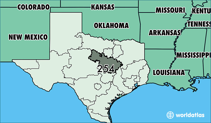 Map of Texas with area code 254 highlighted