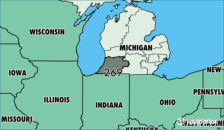 Map of Michigan with area code 269 highlighted