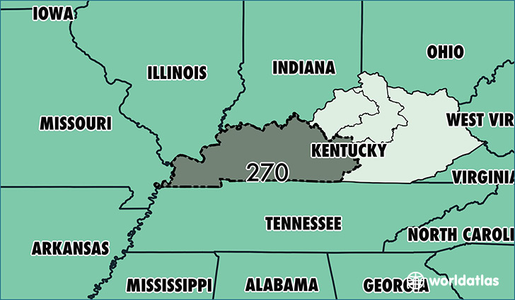 Map of Kentucky with area code 270 highlighted