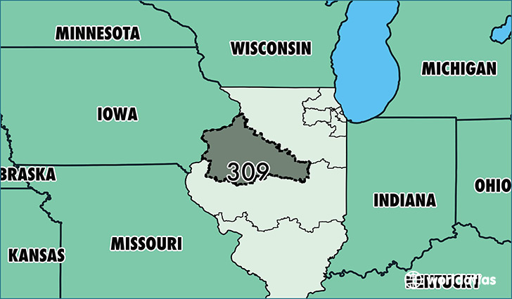 Map of Illinois with area code 309 highlighted