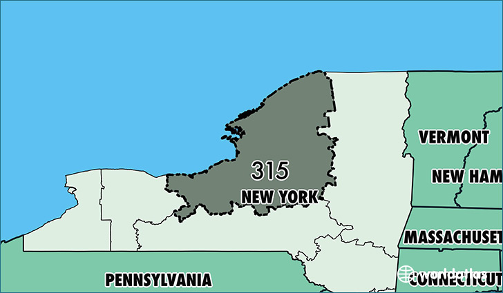 Map of New York with area code 315 highlighted