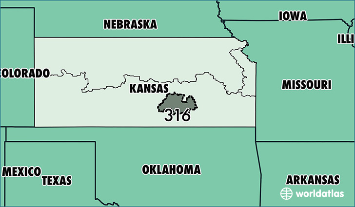 Map of Kansas with area code 316 highlighted