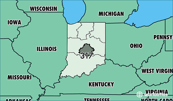 Map of Indiana with area code 317 highlighted