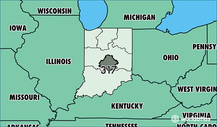 Map of Indiana with area code 317 highlighted