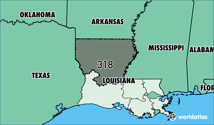 Map of Louisiana with area code 318 highlighted