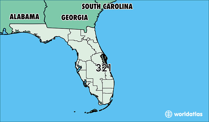 Map of Florida with area code 321 highlighted