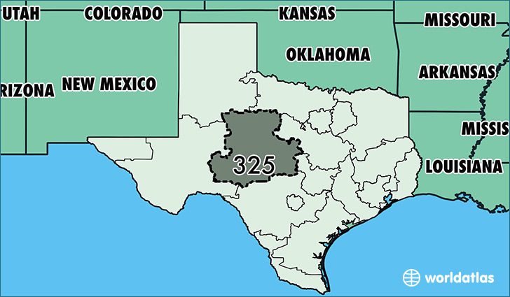 Map of Texas with area code 325 highlighted