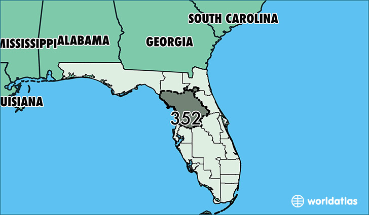 Map of Florida with area code 352 highlighted