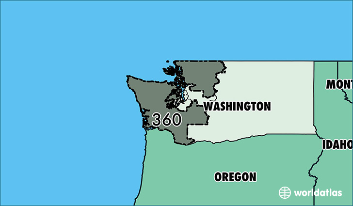 Map of Washington with area code 360 highlighted