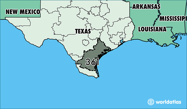Map of Texas with area code 361 highlighted