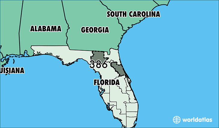 Map of Florida with area code 386 highlighted