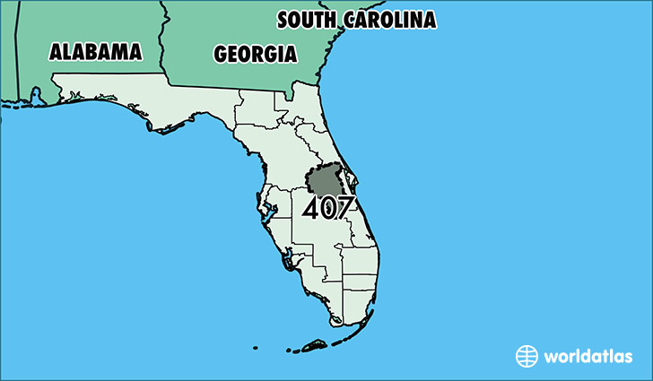 Map of Florida with area code 407 highlighted