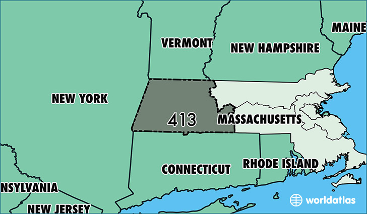 Map of Massachusetts with area code 413 highlighted