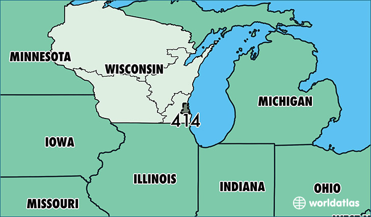 Map of Wisconsin with area code 414 highlighted