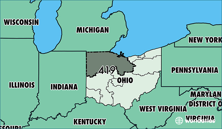 Map of Ohio with area code 419 highlighted