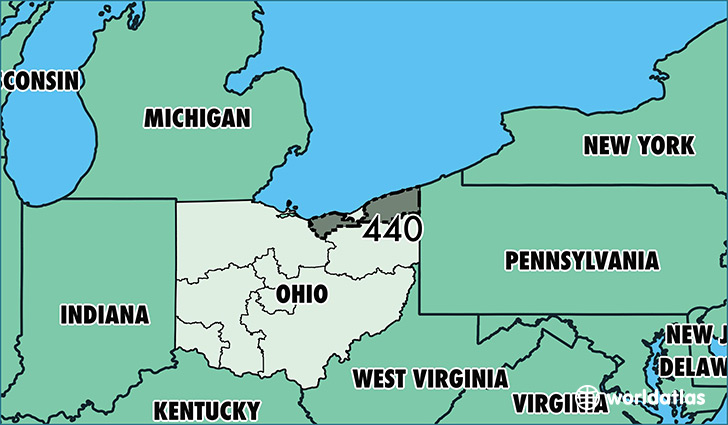 Map of Ohio with area code 440 highlighted