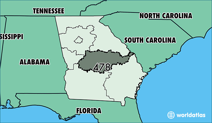 Map of Georgia with area code 478 highlighted