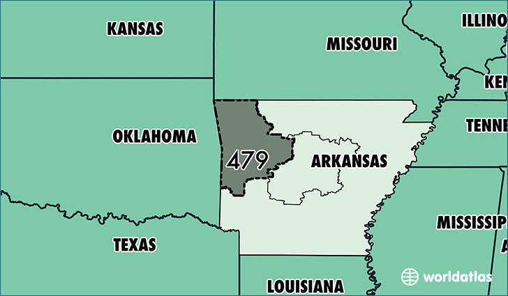 Map of Arkansas with area code 479 highlighted
