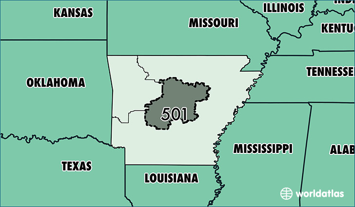 Map of Arkansas with area code 501 highlighted