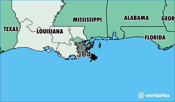 Map of Louisiana with area code 504 highlighted