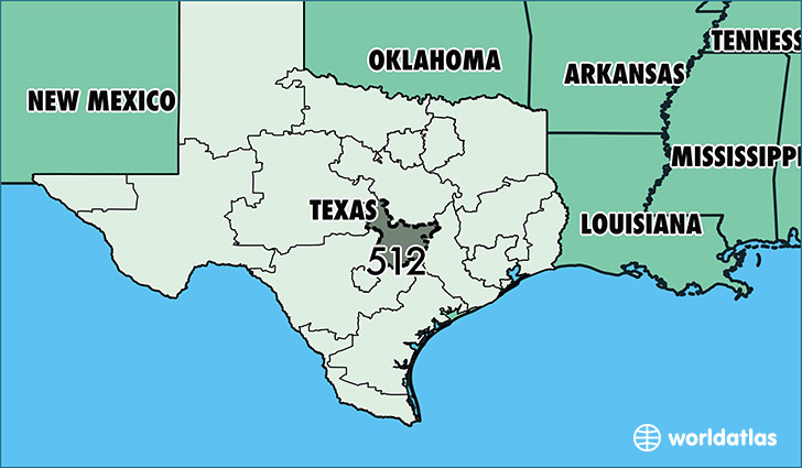 Map of Texas with area code 512 highlighted
