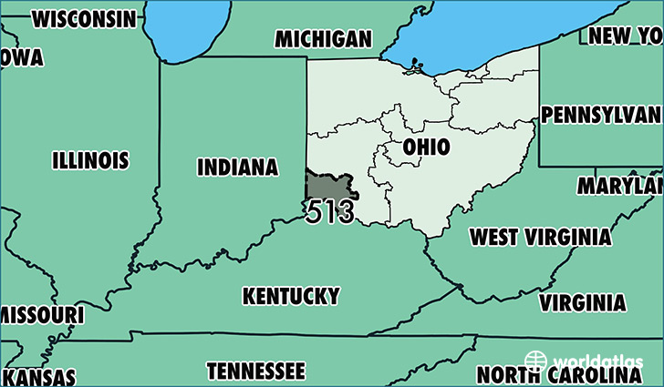 Map of Ohio with area code 513 highlighted