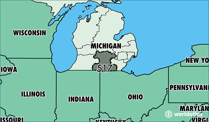 Map of Michigan with area code 517 highlighted