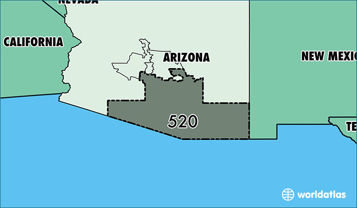Map of Arizona with area code 520 highlighted