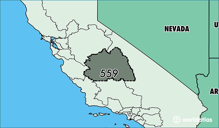 Map of California with area code 559 highlighted