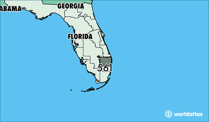 Map of Florida with area code 561 highlighted