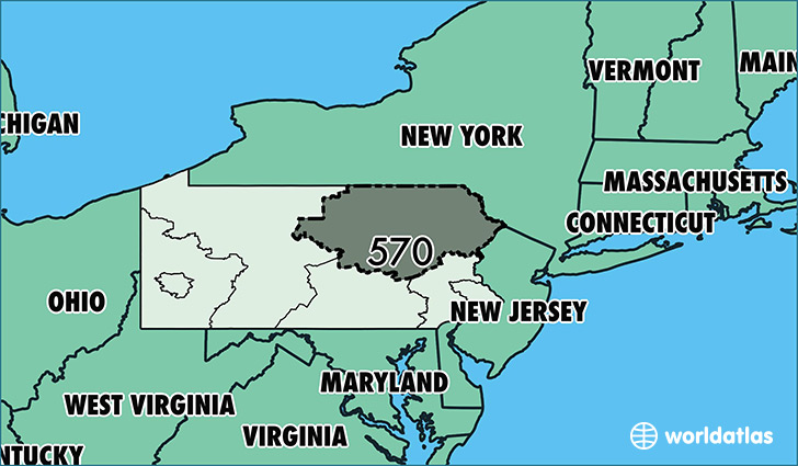 Map of Pennsylvania with area code 570 highlighted