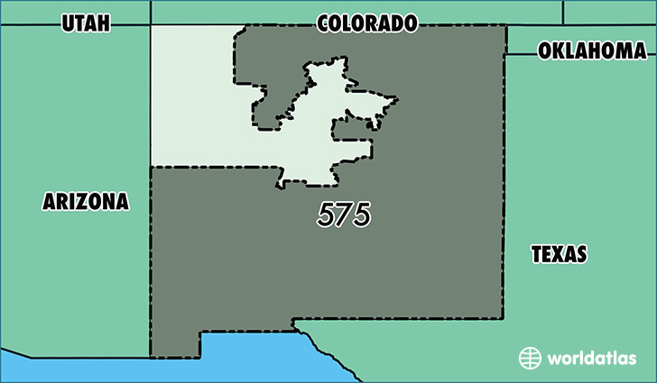 Map of New Mexico with area code 575 highlighted