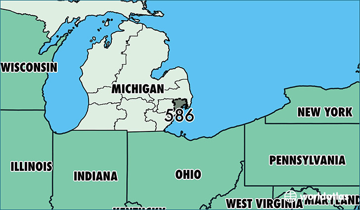 Map of Michigan with area code 586 highlighted