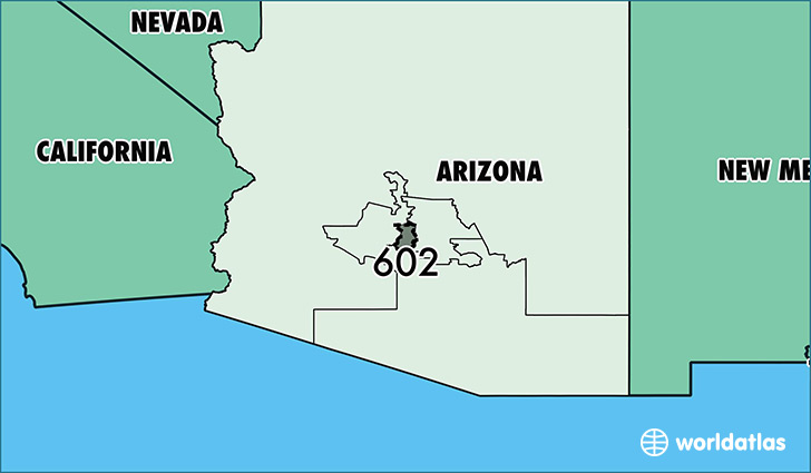 Map of Arizona with area code 602 highlighted