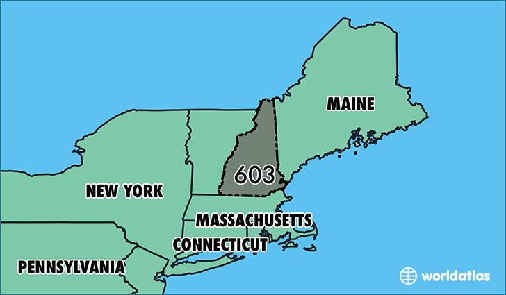 Map of New Hampshire with area code 603 highlighted