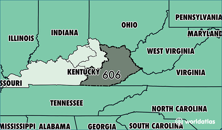 Map of Kentucky with area code 606 highlighted