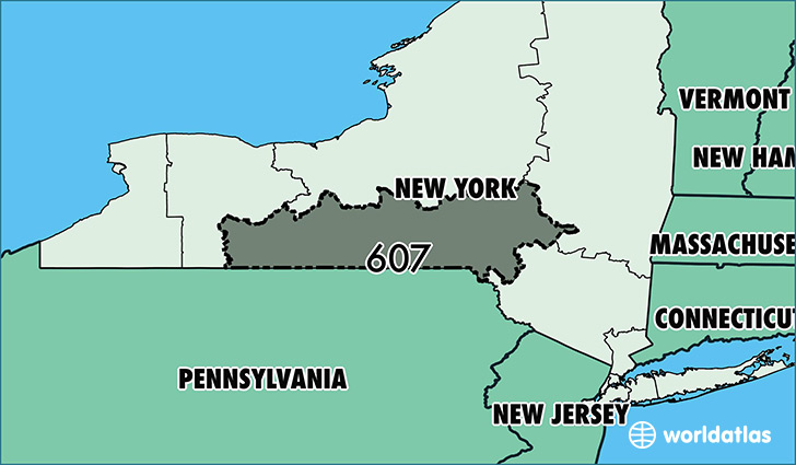 Map of New York with area code 607 highlighted