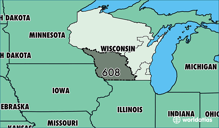 Map of Wisconsin with area code 608 highlighted