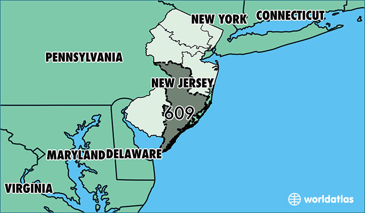 Map of New Jersey with area code 609 highlighted