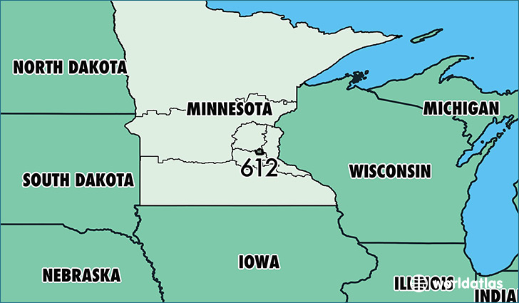 Map of Minnesota with area code 612 highlighted