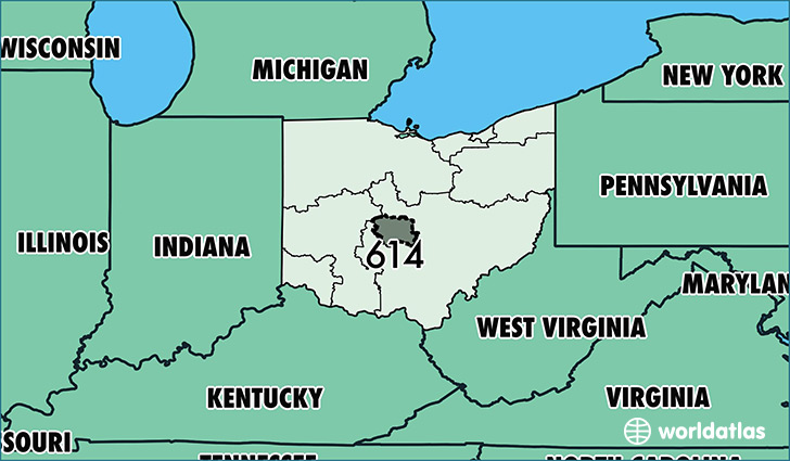 Map of Ohio with area code 614 highlighted