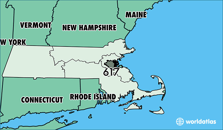 Map of Massachusetts with area code 617 highlighted