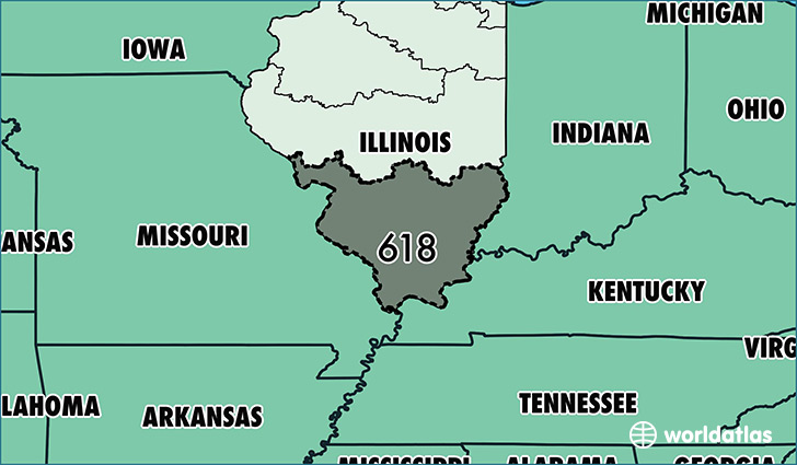 Map of Illinois with area code 618 highlighted